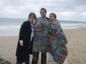 Me and two of my Cora Villa characters after we'd dipped them in the freezing ocean.